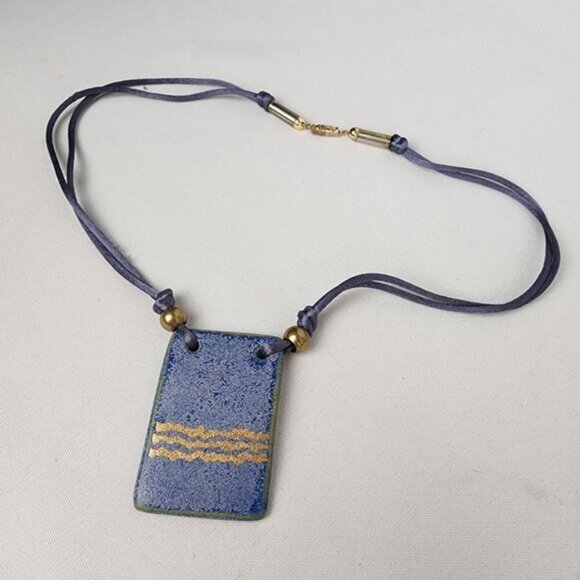 Handmade Blue & Gold Ceramic Pendant Necklace - Picture 2 of 7